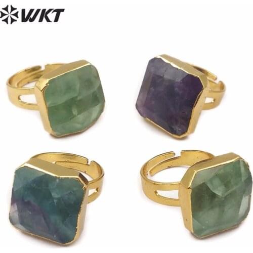 R211 New Natural rainbow fluorite stone rings with 24k gold dipped hot faceted square shape raw fluorite rings in free shipping