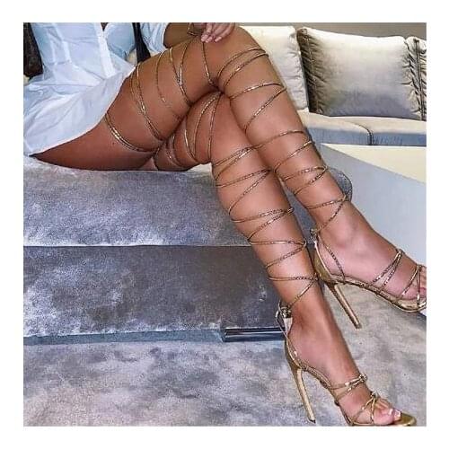 Gold Animal Prints Strappy Over The Knee Gladiator Sandals Cut-Out Sexy High Heels Strip Shoes Woman Roman Summer Sandals Boots