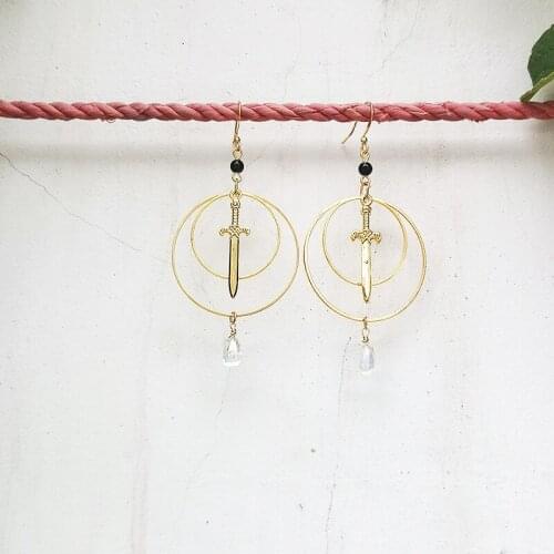 Golden Circle Dagger Earrings/Rainbow Light Crystal Earrings/Witch Earrings/Crystal Earrings, Gothic, Pendant/Sword Earrings