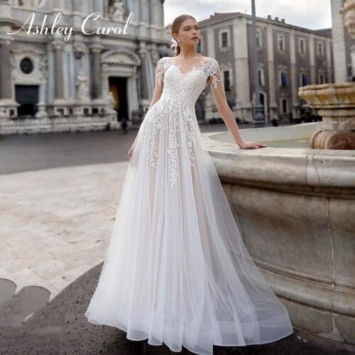Ashley Carol A-Line Wedding Dress 2021 Long Sleeve Elegant Scoop Romantic Appliques Princess Beach Bridal Gown Vestido De Noiva