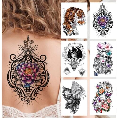 Lace Flower Temporary Tattoo For Women Men Adult Tiger Fox Butterfly Tattoos Sticker Mountain Fake Moon Demon Tatoos Body Back