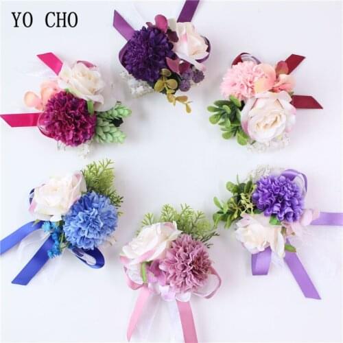 YO CHO Artificial Silk Rose Bamboo Groom Boutonniere Bridal Wrist Corsage Bridesmaid Bracelet Party Meeting Flower Accessories