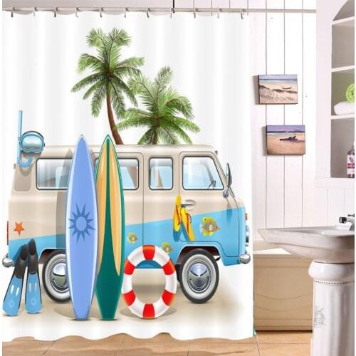 Cartoon Car Travel Swim Ring Surfboard Camper White Shower Curtain Waterproof Polyester Bathroom Fabric Bathtub Decor Curtains