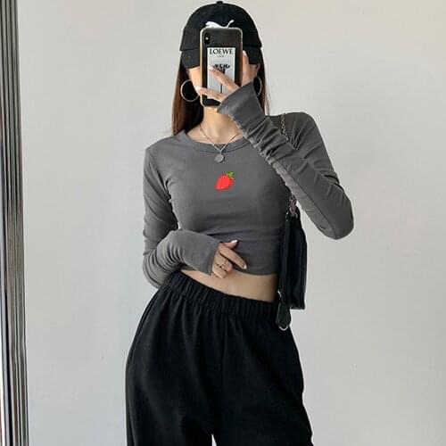 Women Cotton Harajuku Strawberry Streetwear TShirt O Neck Long Sleeve Tight T-Shirt Casual Fashion Female Gothic Top Pants Sets