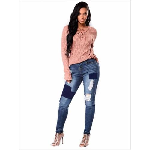 Womens new high waisted patch hole small foot long womens jeans