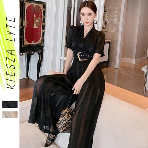 Women Wide Leg Jumpsuits With Belt Fashion Elegant Office Ladies Solid Black Beige Long Jumpsuits