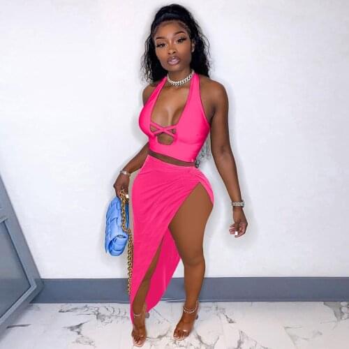 Lace Up Hollow Out Bandage Two Piece Set Women Halter Backless Tank Top and Side Split Maxi Skirt Birthday Party Outfit