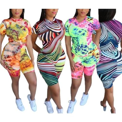 Women Tie Dye Casual Two-pieces Sportswear Female Fashion Short Sleeve+Shorts Tracksuits Bodycon Sport Summer Set Outfits