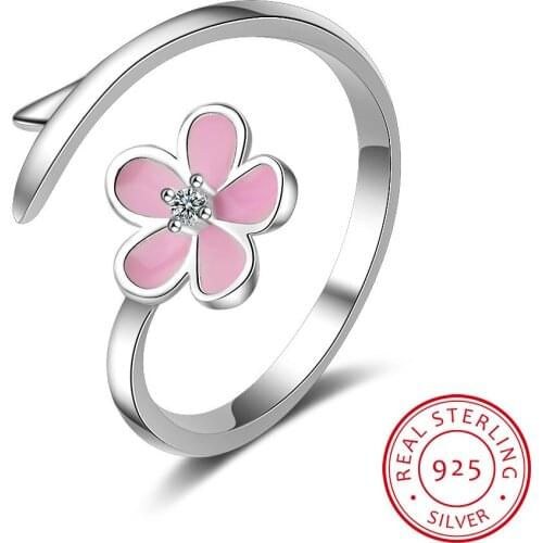 925 Sterling Silver Adjustable Size Ring Flower Magnolia Cubic Zirconia Gradient Pink Enamel Cocktail Ring Fine Jewelry Gifts