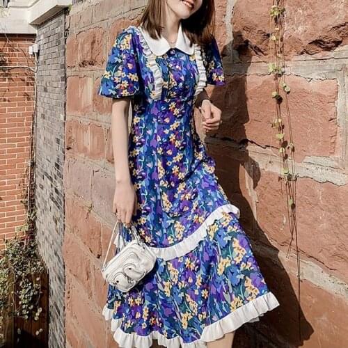 Blue Floral Vintage Dress Women Ruffle Elegant Korean Long Fairy Dress Casual Holiday Beach Party Victorian Dress 2021 Summer