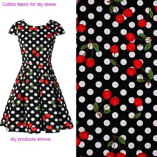 145cm Wide Beautiful Cherry 100% Cotton Fabric Red Cherry & Dot Printed Cotton Dress Fabric DIY Sewing Women Clothing Skirt