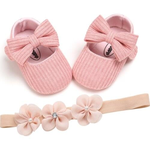 2PCS Newborn Baby Girl Princess Set Bowknot Crib Shoes Flower Headband Girls Soft Sole First Walkers Anti-slip Prewalker Sneaker