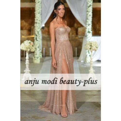 2020 Gold Long Sparkly Sweetheart Prom Dresses Sleeveless High Split Side Formal Evening Party Ball Gown Robe De Soiree