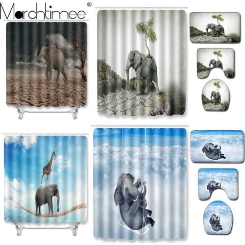 4Pcs African Elephant Shower Curtain Animal Bathroom Cortinas Floor Mat Toilet Carpet Shower Room Mat Foot Pad Bathe Curtains