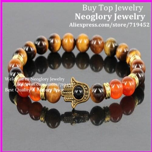 10PCS High Quality Nature 8mm Tiger Eyes Beads With Semi Precious Red Stone Beads Bracelet Gold Hamsa Fatima Hand Bracelet