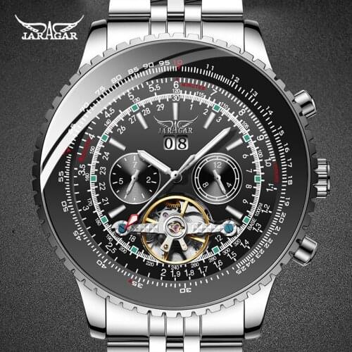JARAGER Mens Clock Steel Tourbilion Design Silver Black Male Wristwatches Automatic Mechanical Male Watches relogio masculino