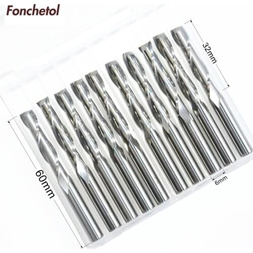 6mm*32mm-10pcs CNC machine tool,Tungsten Solid carbide milling cutter,2 flutes spiral end mill,PVC,MDF,Plexiglass,woodworking