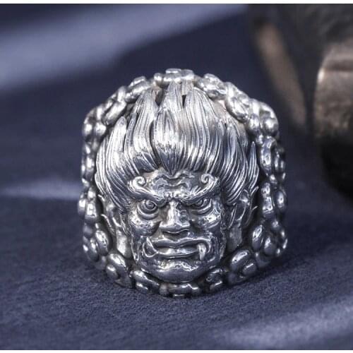 Solid 999 Sterling Silver Thai retro biker MENS men handmade demon buddha ring rings jewelry gift A4770
