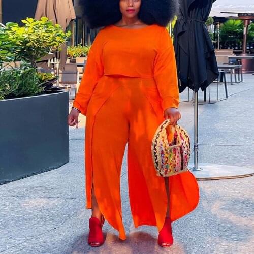 2 Pieces Pants Sets Womens Outfits Plus Size 4XL 5XL Orange African Fashion loose High Split America High Street Matching Sets