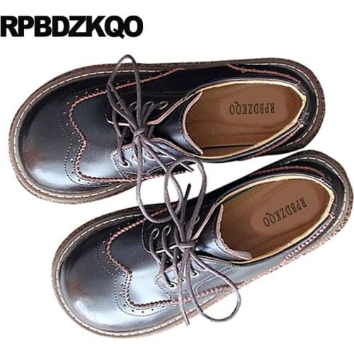 Brown japanese school lace up casual vintage brogue walking wide fit shoes ladies flats british style chinese comfortable women