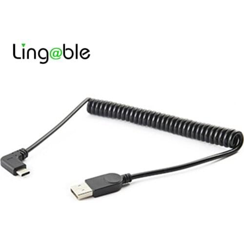 Lingable Right Angle 90 Degree USB 2.0 A Male to Type Coiled Cable 1.5M USB-C Adapter Cable For Smart Phone Portable Connector