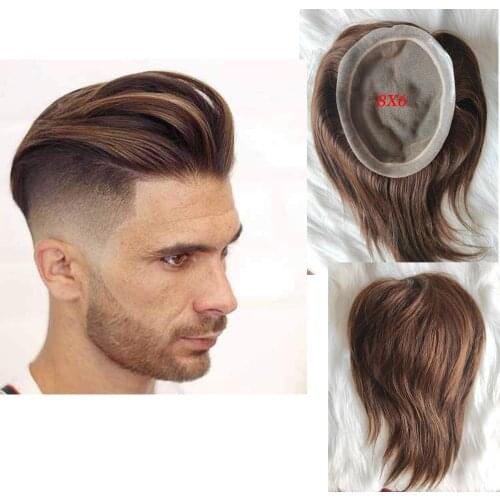Mono Lace European Human Hair Men Toupee Hairpiece Poly Skin Around Hair System Durable NPU Wig Toupee 6X8 Light Brown Color