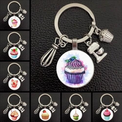 New cake cup keychain cute dessert glass convex round pendant metal keychain daughter cake shop handmade gifts for customers