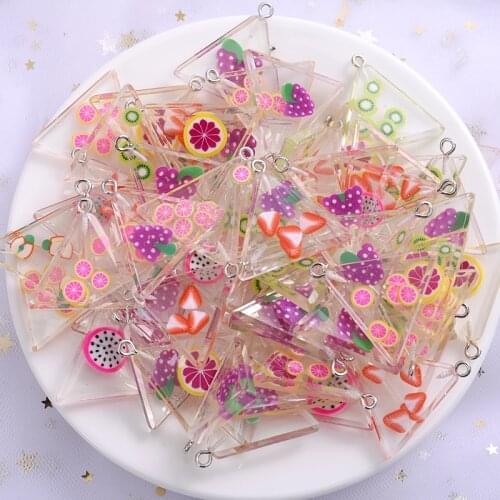 New 6pcs/Pack Acrylic Pendants Transparent Cute Cartoon Fruit Pattern Triangle Pendants For Keychain Making Diy Accessories