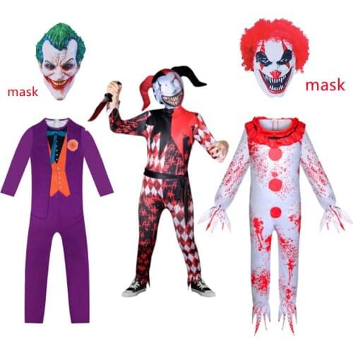 New Halloween Costume Kids Heath Ledger Cosplay Suit Movie The Dark Knight Joker Costume Jumpsuit Mask Full Sets Carnival Clown