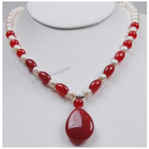 7-8mm Natural jade White Akoya Cultured Pearl/Ruby pendant(20x30mm) Necklace 18"