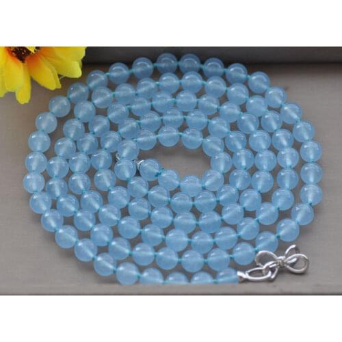 Z10912 18~100" 10mm Aquamarine Blue Round Jade Chalcedony Necklace