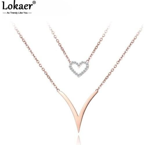 Lokaer Trendy Cubic Zirconia Heart Double Chain Link Necklaces Jewelry Titanium Steel Rose Gold Color Necklace For Women N18060