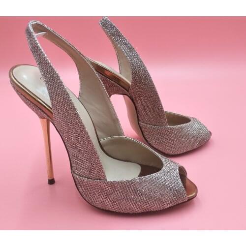 Sexy Bronze Glittering Pumps High Heel Dress Party Women Pumps Summer New Peep Toe Sling Back Stiletto Fish Mouth 11cm Heels