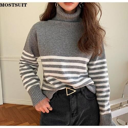 Grey Striped Knitted Pullover Sweater Women Full Sleeve Turtleneck Casual Loose Tops Korean Vintage Ladies Jumpers Femme 2021