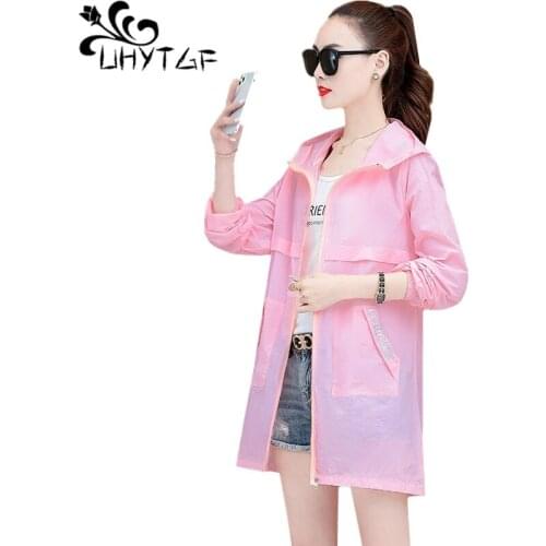 UHYTGF Fashion Womens Summer Sun Protection Clothing Hooded Breathable Thin Coat Female Mid-Length Casual Plus Size Jacket 1654