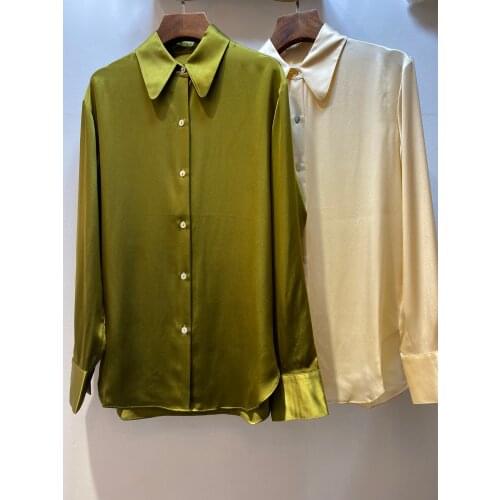 Ladies 2021 fashion new long-sleeved sexy casual solid color silk satin shirt 0305
