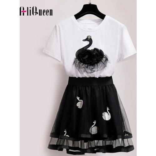 2 Piece Set Women Embroidery Tulle Mesh Mini Skirt + Black/White Swan Appliques Beaded T-Shirt Two Piece Set Skirt Set Suit