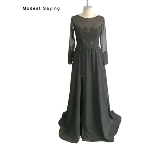 Real Black A-Line Long Sleeve Lace Evening Dresses 2017 Formal Birthday Plus Size Party Prom Gowns vestido de festa longo BE107