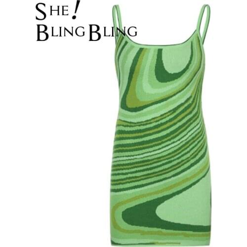 SheBlingBling Knitted Women Dress 2021 Summer New Ripple Print Wool Camisole Spaghetti Strap Sundress Sexy Beach Party Dresses
