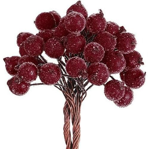 40pcs Mini Christmas Frosted Artificial Berry Vivid Red Holly Berries Christmas Tree Decorative Artificial Flowers Double Heads