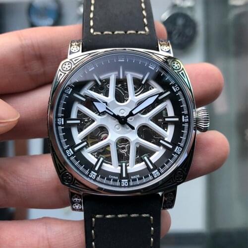 BOUX 2021 Hollow Automatic Mechanical Mens Watch Seagull ST16K2 Movement Luminous Men Pilot Watch Leather Business Sport Clock