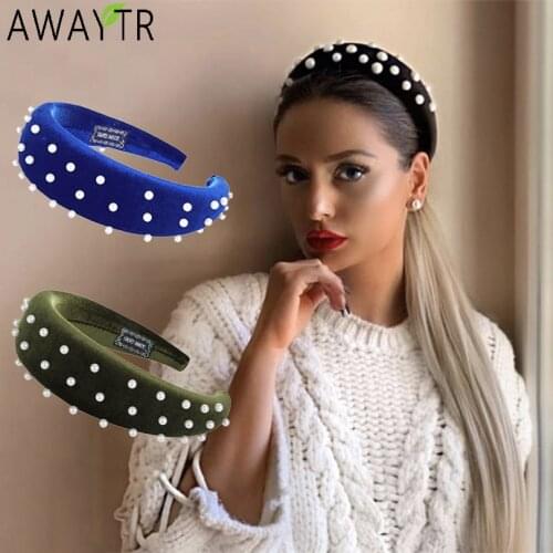 AWAYTR Fashion Pearl Thickening Velvet Headbands Hari Hoop 5CM Solid Wide Girl Hairbands Women for Hair Accessories Headwear