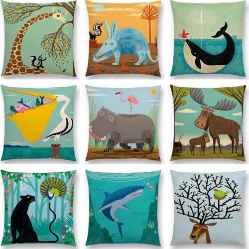 Funny Cartoon Animals Good Friends Happy Life Whale Deer Giraffe Flamingo Hippo Leopard Shark Cushion Cover Sofa Pillow Case