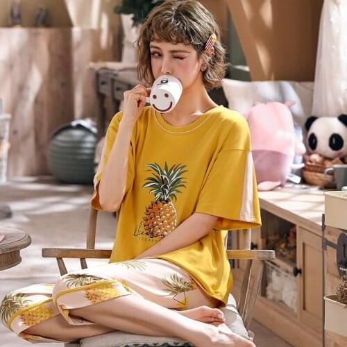Cotton Soft Sleepwear Summer Womens Round Neck Casual Short-sleeved Pajamas Cartoon Pineapple Cute Age Reduction Girls Homewear