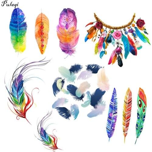 Pulaqi Colorful Feather Iron-On Transfers For Clothing T-shirt Summer Style Thermal Transfer Hot Vinyl Ironing Stickers On Kids