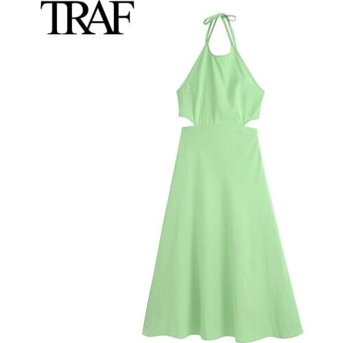 TRAF Willon Green Dress Summer Female Bandage Linen Dresses Sexy Backless French Fashion Midi Long Dress Vestidos
