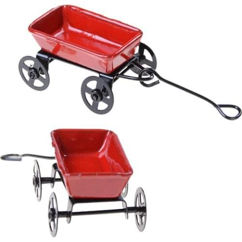2021 New Ornament 1:12 Mini Cute Dollhouse Miniature Metal Red Small Pulling Cart Garden Furniture Accessorie Home Decor Gift
