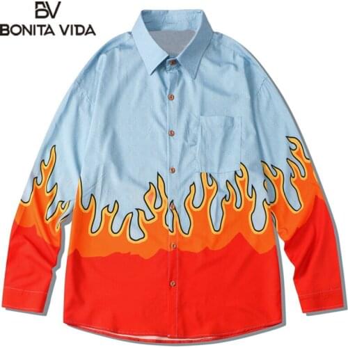 Bonita Vida Orange Fire Flame Print Mens Long Sleeve Shirt Button Down Streetwear Hawaiian Beach Harajuku Turn Down Tops