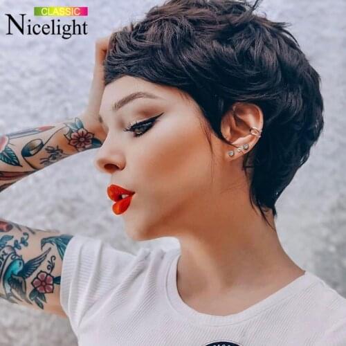 Nicelight Short Pixie Cut Wigs for Black Women Brazilian Human Hair Wigs Full Machine Made Black Romance Wavy Wig for Women Remy