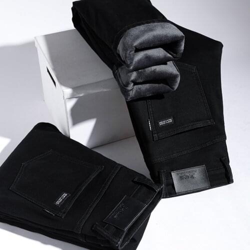 2020 Winter New Men Warm Slim Jeans Elasticity Skinny Black Jeans Fashion Casual Thick Denim Pants Trousers Male Brand Clothes